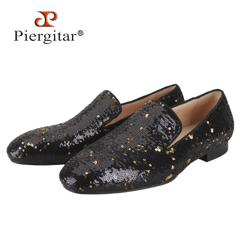 Men Shoes Red Bottom - Piergitar Luxurious Black & Gold Sequin