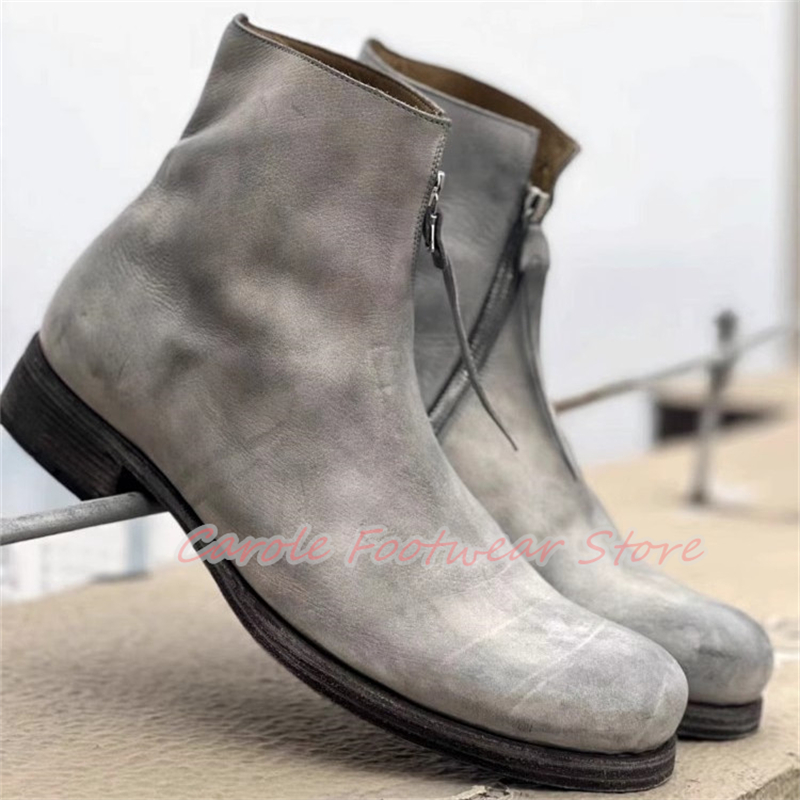 Men'S Shoes Zipper - British Style Round Toe Chunky Heel